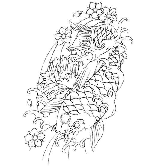 Outline Flowers And Carp Fish Tattoos Design